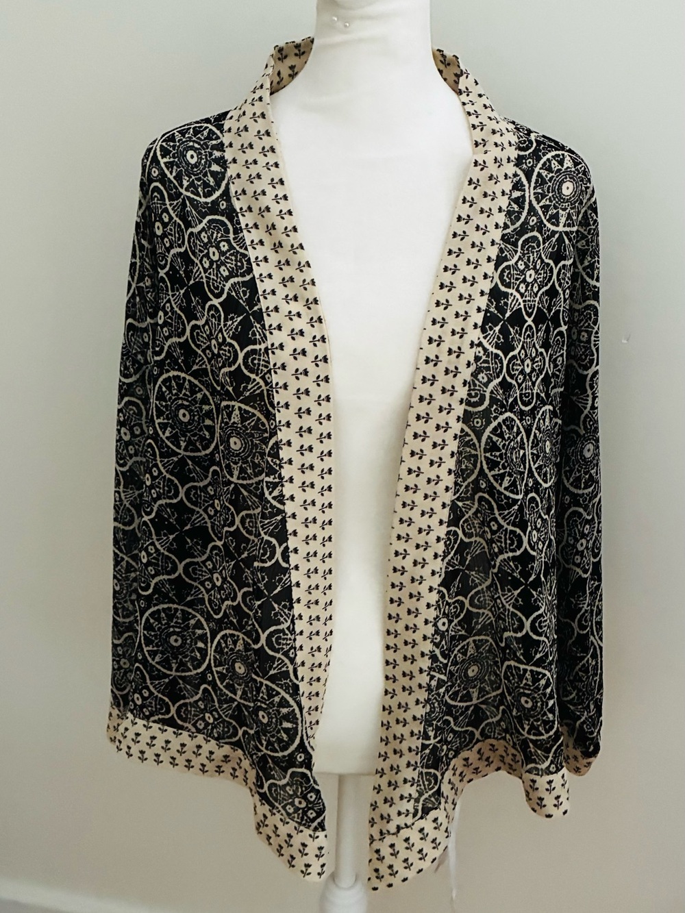 Coldwater Creek Black and Cream Open-Front Patterned Cardigan sheer boho summer